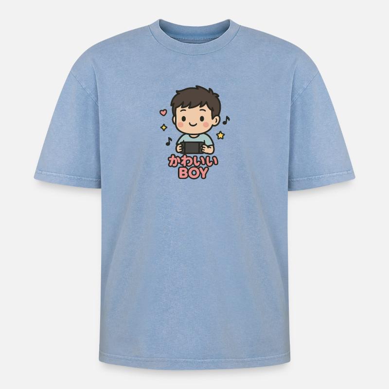 Süßer Junge mit Gamecontroller - Oversized Unisex Premium Acid-Washed T-Shirt - Blau Acid Wash