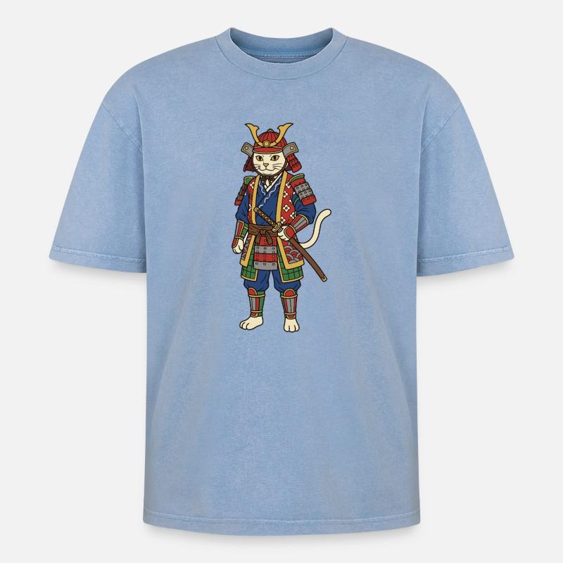 Samouraï chat - T-shirt Premium unisexe oversize acid-washed - bleu délavé acide