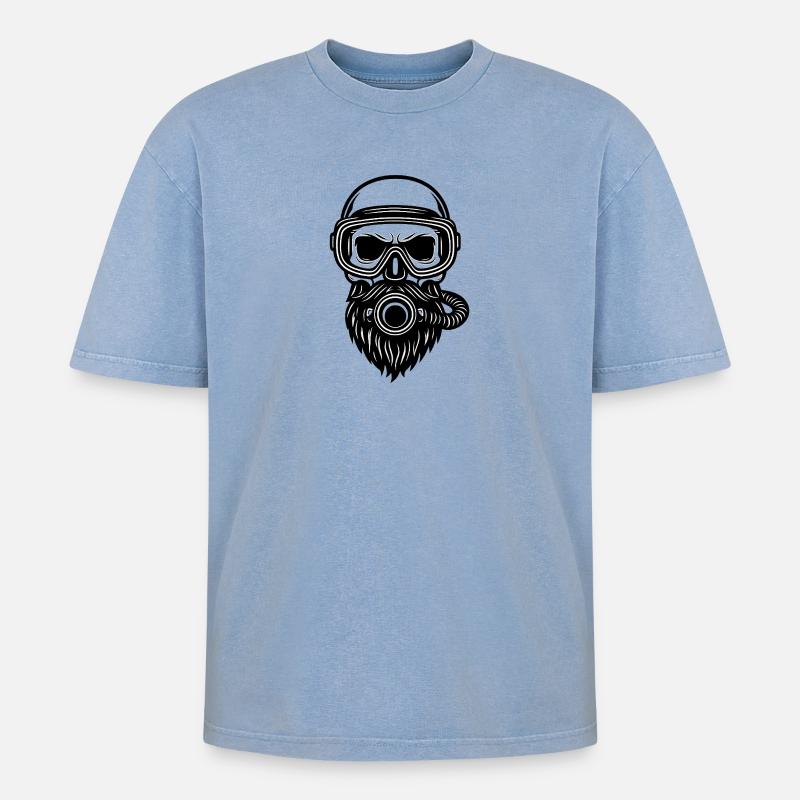 Skull Diver - Oversized Unisex Premium Acid-Washed T-Shirt - Blau Acid Wash