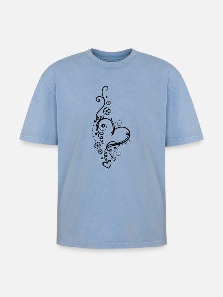 Corazón grande con pequeños corazones y flores - Camiseta unisex oversize Premium acid-washed - azul lavado ácido