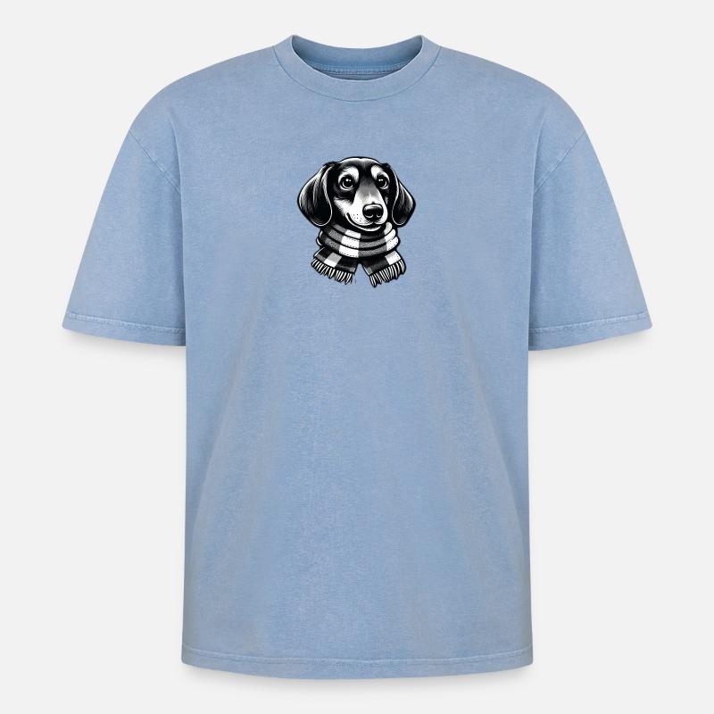 Dackel mit Schal - Oversized Unisex Premium Acid-Washed T-Shirt - Blau Acid Wash