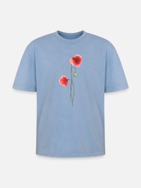 Blume: roter Mohn - Oversized Unisex Premium Acid-Washed T-Shirt - Blau Acid Wash