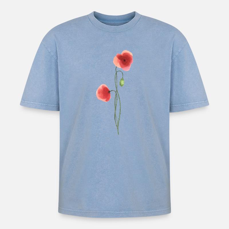 Blume: roter Mohn - Oversized Unisex Premium Acid-Washed T-Shirt - Blau Acid Wash