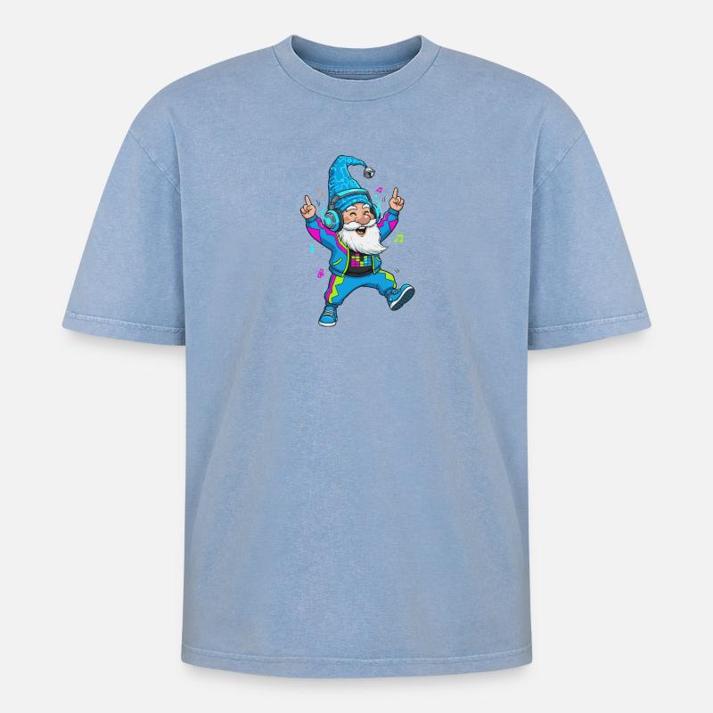 Technozwerg mit Kopfhörern - Oversized Unisex Premium Acid-Washed T-Shirt - Blau Acid Wash