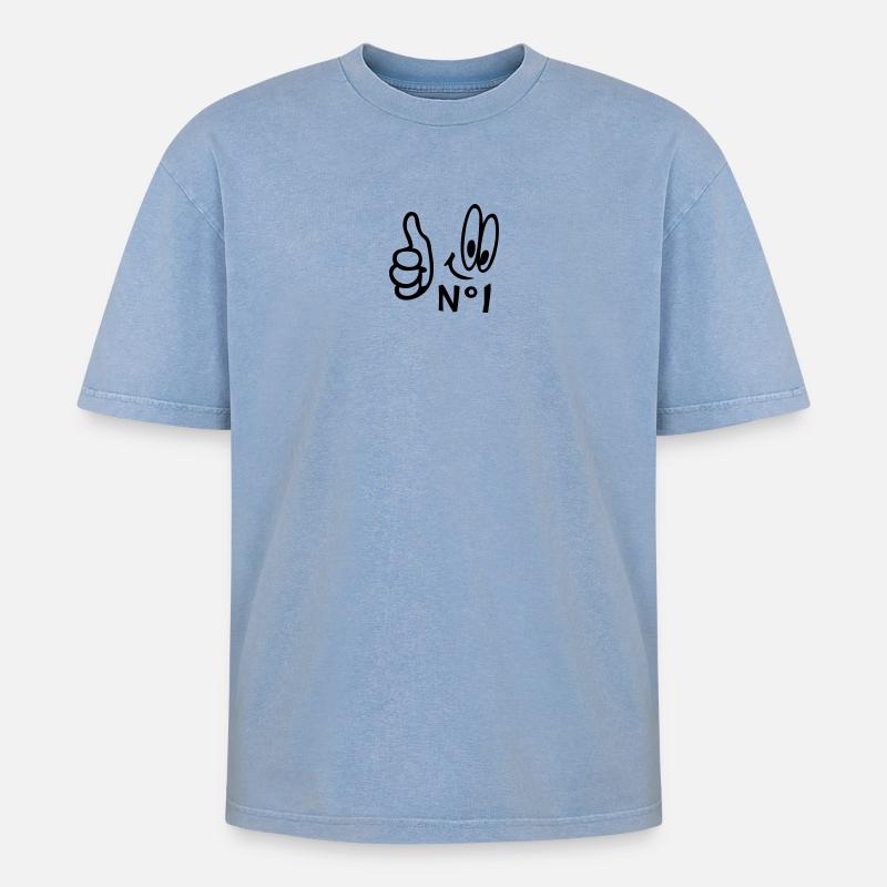 Number One, Comic - Oversized Unisex Premium Acid-Washed T-Shirt - Blau Acid Wash