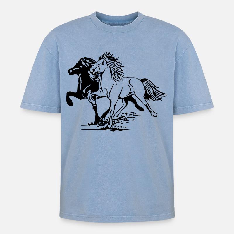 Wild Pferde - Oversized Unisex Premium Acid-Washed T-Shirt - Blau Acid Wash
