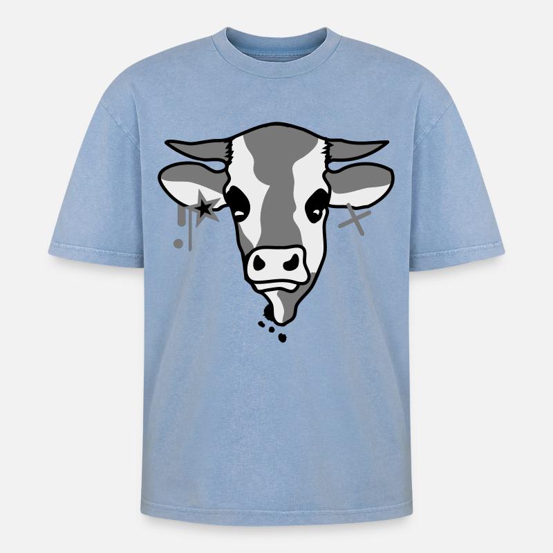 Kuh - Oversized Unisex Premium Acid-Washed T-Shirt - Blau Acid Wash