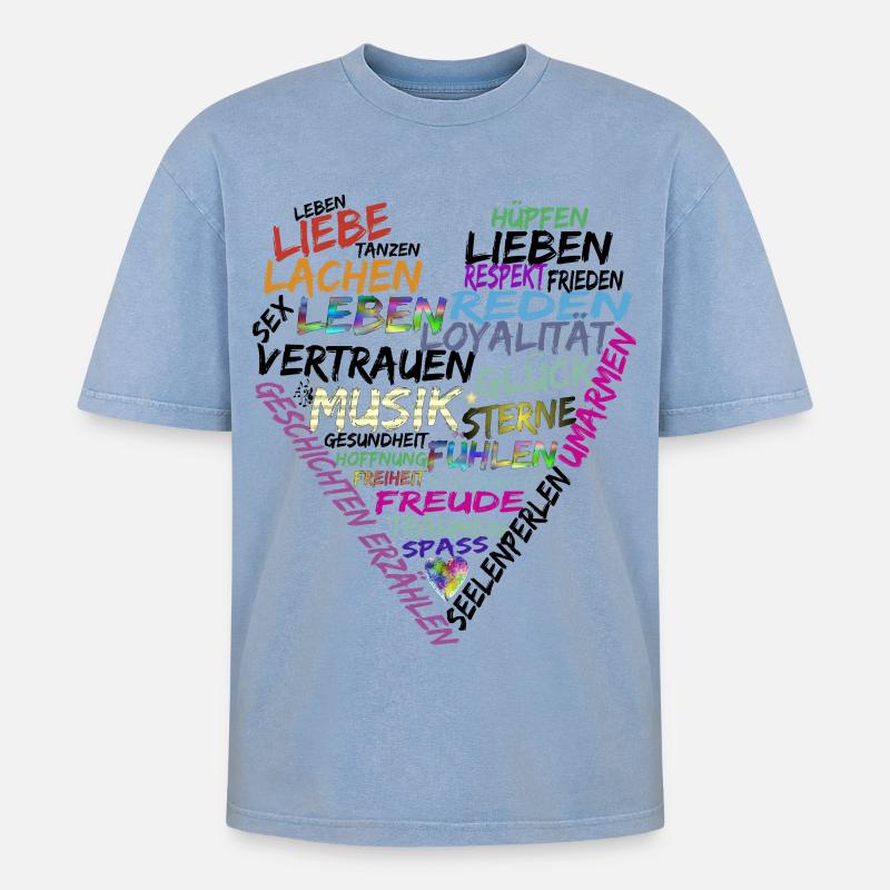 Herz Text - Oversized Unisex Premium Acid-Washed T-Shirt - Blau Acid Wash