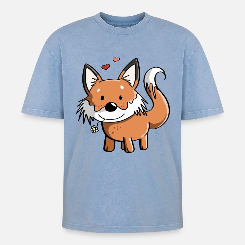 Fuchs mit Blume - Füchse - Rotfuchs - Raubtier - Oversized Unisex Premium Acid-Washed T-Shirt - Blau Acid Wash