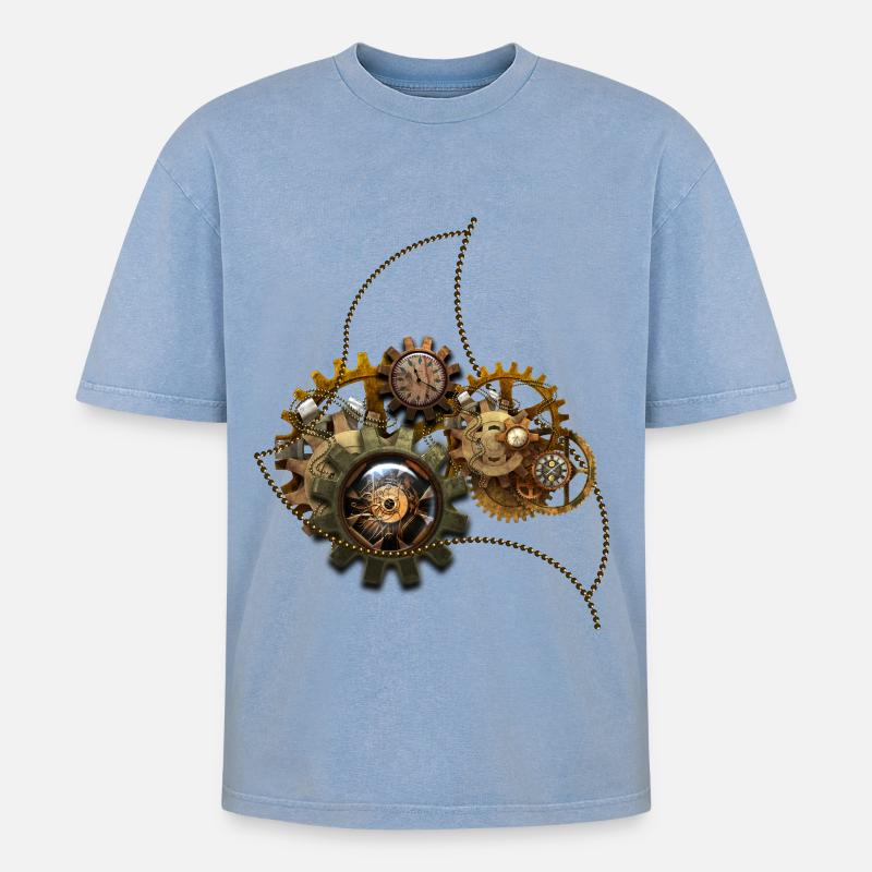 Steampunk, wunderbare Uhr mit Getriebe. - Oversized Unisex Premium Acid-Washed T-Shirt - Blau Acid Wash