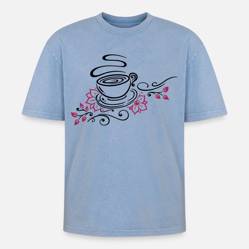 Tee, Teetasse, tea time, Kirschblüten - Oversized Unisex Premium Acid-Washed T-Shirt - Blau Acid Wash