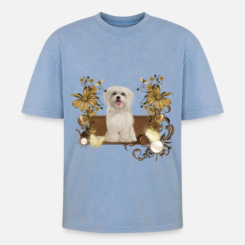 Netter maltesischer Welpe mit Blumen - Oversized Unisex Premium Acid-Washed T-Shirt - Blau Acid Wash
