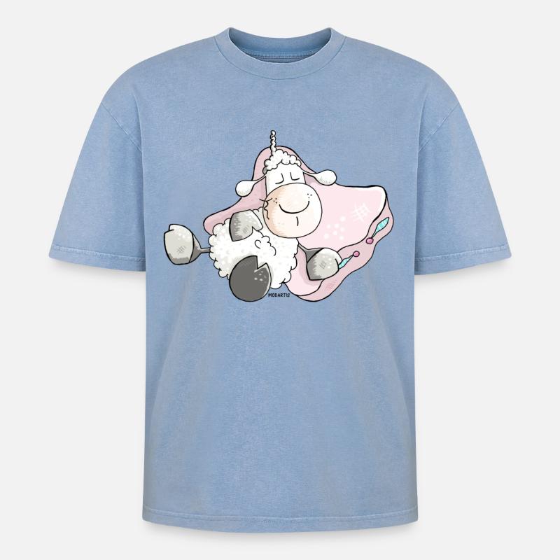 Verträumtes Schlafschaf - Schafe - Oversized Unisex Premium Acid-Washed T-Shirt - Blau Acid Wash