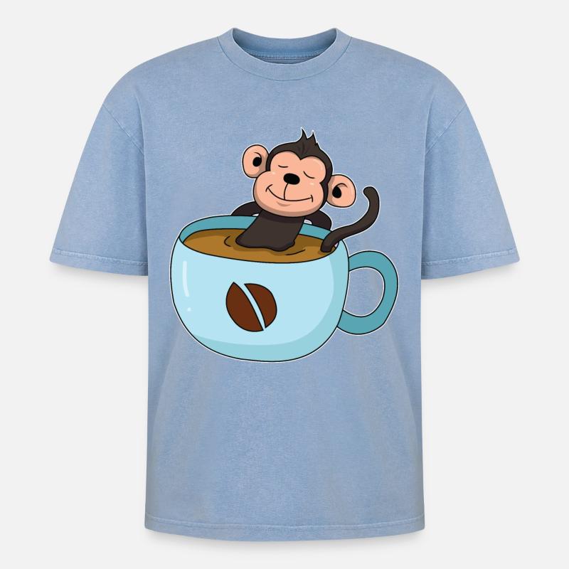 Kaffee-Äffchen - Oversized Unisex Premium Acid-Washed T-Shirt - Blau Acid Wash