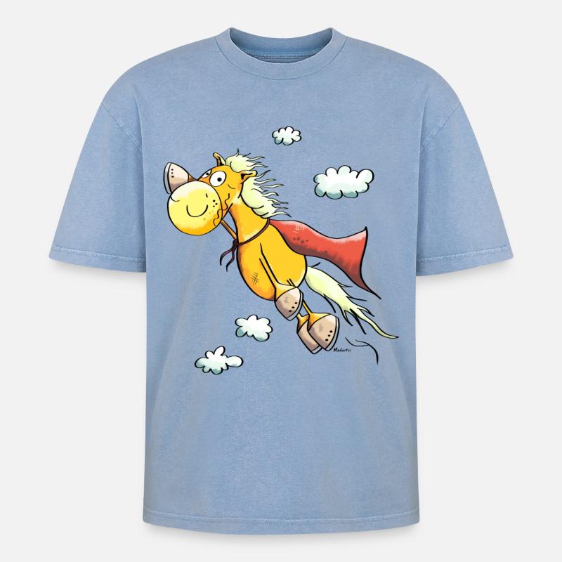 Super Pferd - Oversized Unisex Premium Acid-Washed T-Shirt - Blau Acid Wash