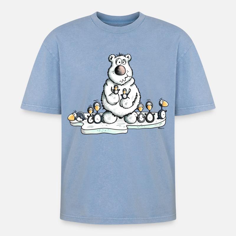 Eisbär mit Pinguinen - Oversized Unisex Premium Acid-Washed T-Shirt - Blau Acid Wash