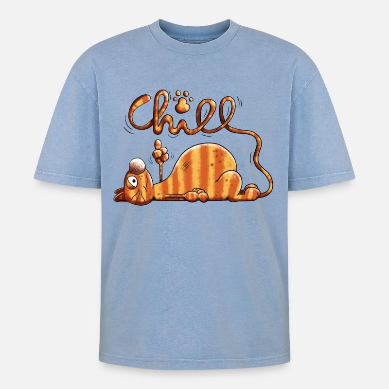 Die Chill Katze - Oversized Unisex Premium Acid-Washed T-Shirt - Blau Acid Wash