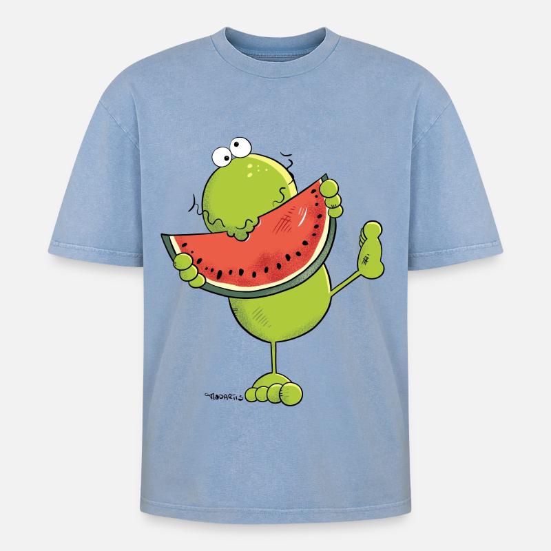 Frosch mit Melone - Oversized Unisex Premium Acid-Washed T-Shirt - Blau Acid Wash
