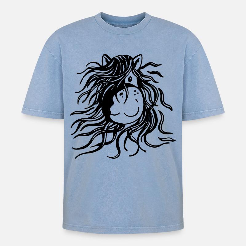 Pferd mit dicker Mähne - Pferde - Comic - Oversized Unisex Premium Acid-Washed T-Shirt - Blau Acid Wash