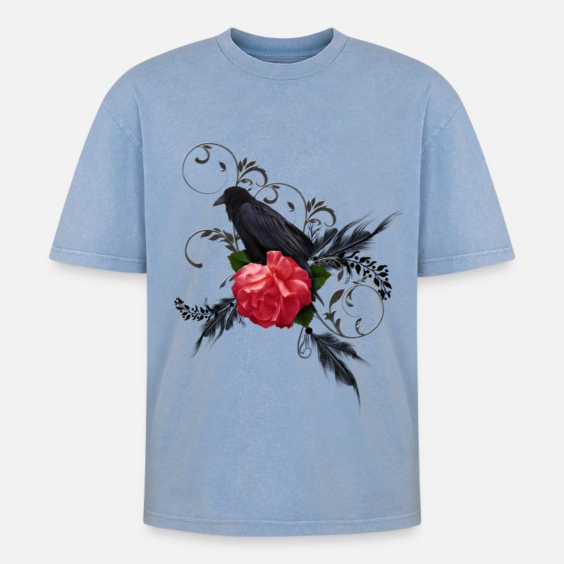 Wunderbare Krähe mit Rose - Oversized Unisex Premium Acid-Washed T-Shirt - Blau Acid Wash