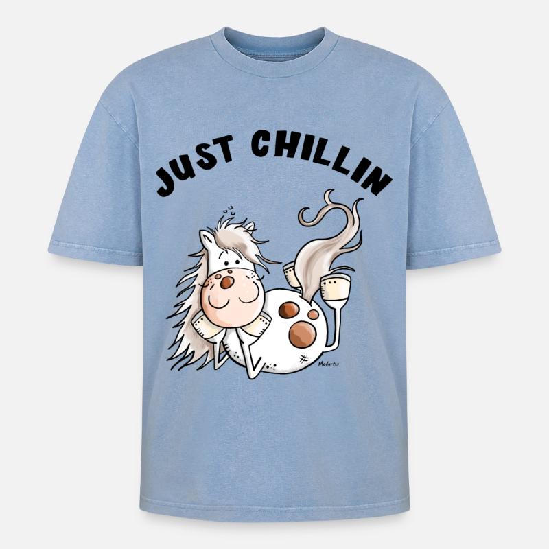 Chillendes Pferd - Comic - Pferde - Geschenk - Oversized Unisex Premium Acid-Washed T-Shirt - Blau Acid Wash