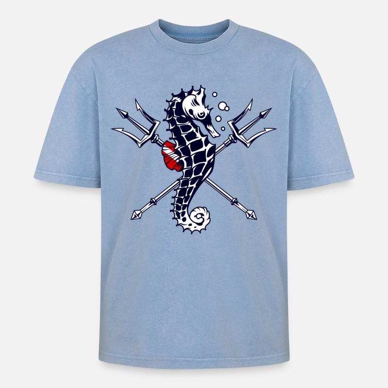 Taucher Trident Seepferdchen - Oversized Unisex Premium Acid-Washed T-Shirt - Blau Acid Wash