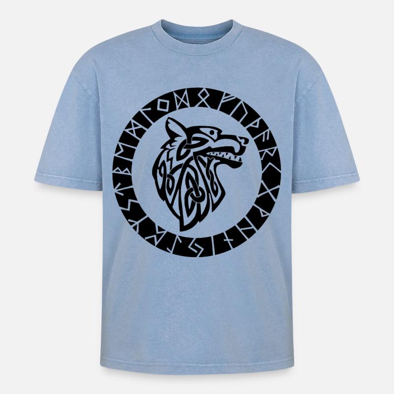 Wikinger-Emblem des schwarzen Wolfes - Oversized Unisex Premium Acid-Washed T-Shirt - Blau Acid Wash
