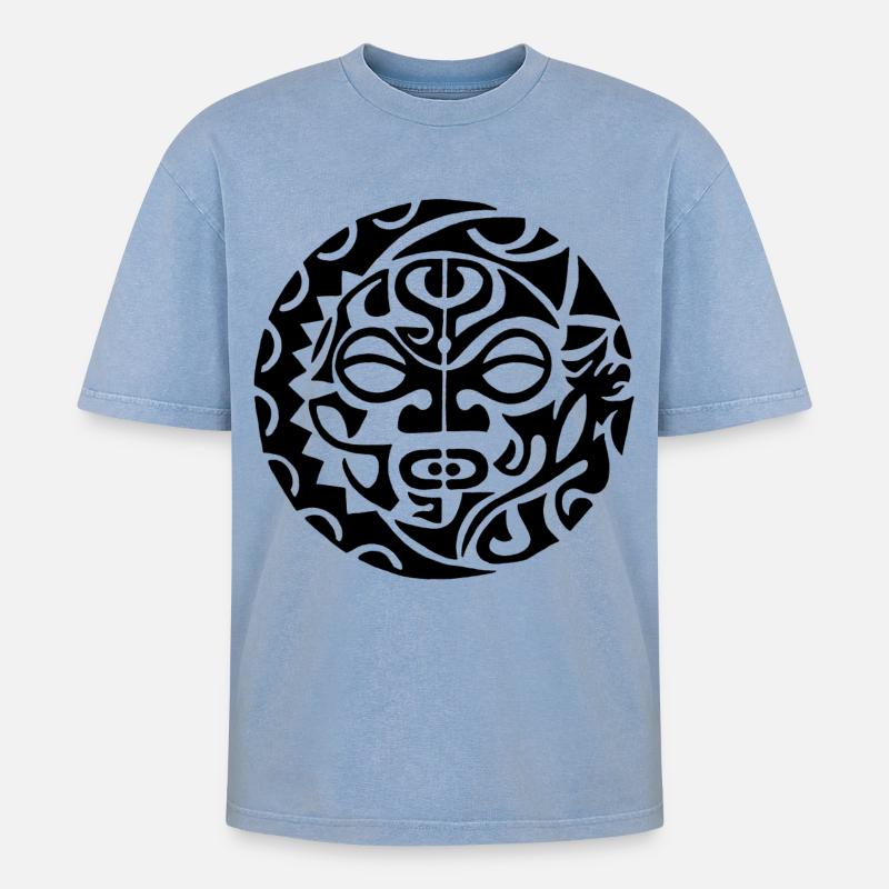 Schwarzer polynesischer Todeskopf - Oversized Unisex Premium Acid-Washed T-Shirt - Blau Acid Wash