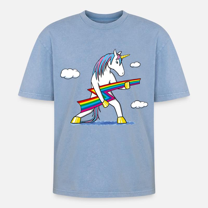 Rainbow Rock – Einhorn mit Regenbogenblitz - Oversized Unisex Premium Acid-Washed T-Shirt - Blau Acid Wash