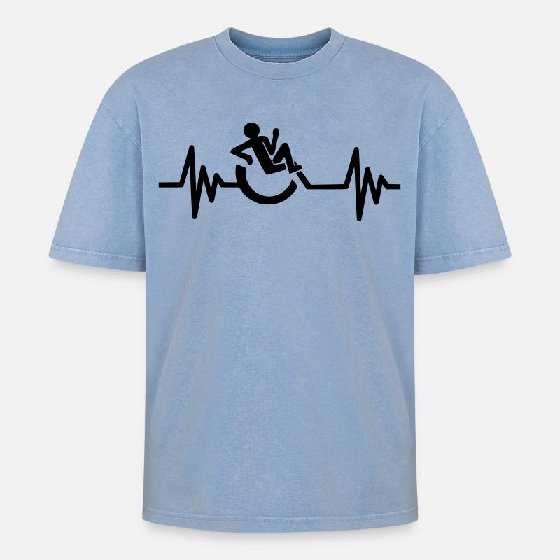 Bild: Rollstuhl, Herzschlag, entspannt # - Oversized Unisex Premium Acid-Washed T-Shirt - Blau Acid Wash