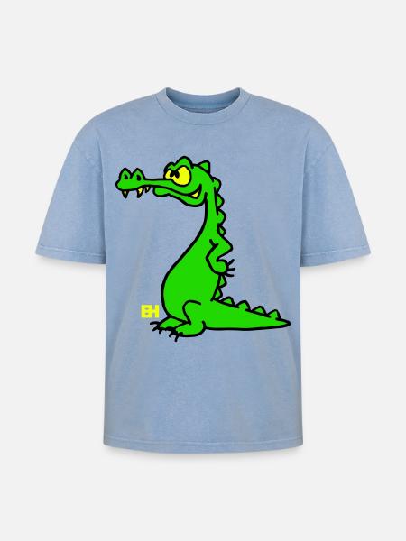 Smiling Crocodile, dreifarbiges Design - Oversized Unisex Premium Acid-Washed T-Shirt - Blau Acid Wash