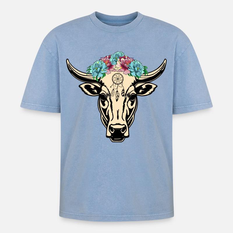 Kuh Hippie Boho - Oversized Unisex Premium Acid-Washed T-Shirt - Blau Acid Wash