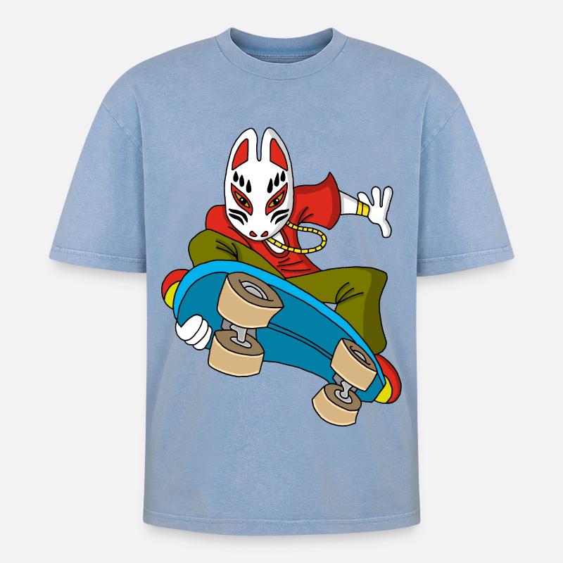 Fox Kitsune Skateboarding - Oversized Unisex Premium Acid-Washed T-Shirt - Blau Acid Wash