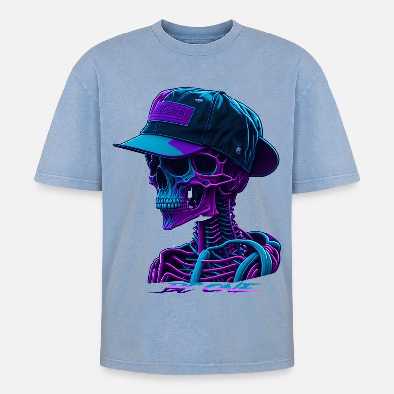 Skelett mit Kappe - Oversized Unisex Premium Acid-Washed T-Shirt - Blau Acid Wash