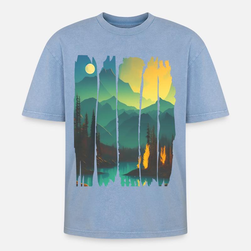 Landscape Campfire Forest - Oversized Unisex Premium Acid-Washed T-Shirt - acid washed blue