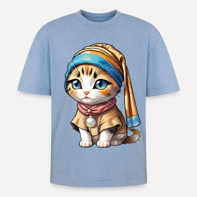 Kätzchen mit Perle - Oversized Unisex Premium Acid-Washed T-Shirt - Blau Acid Wash