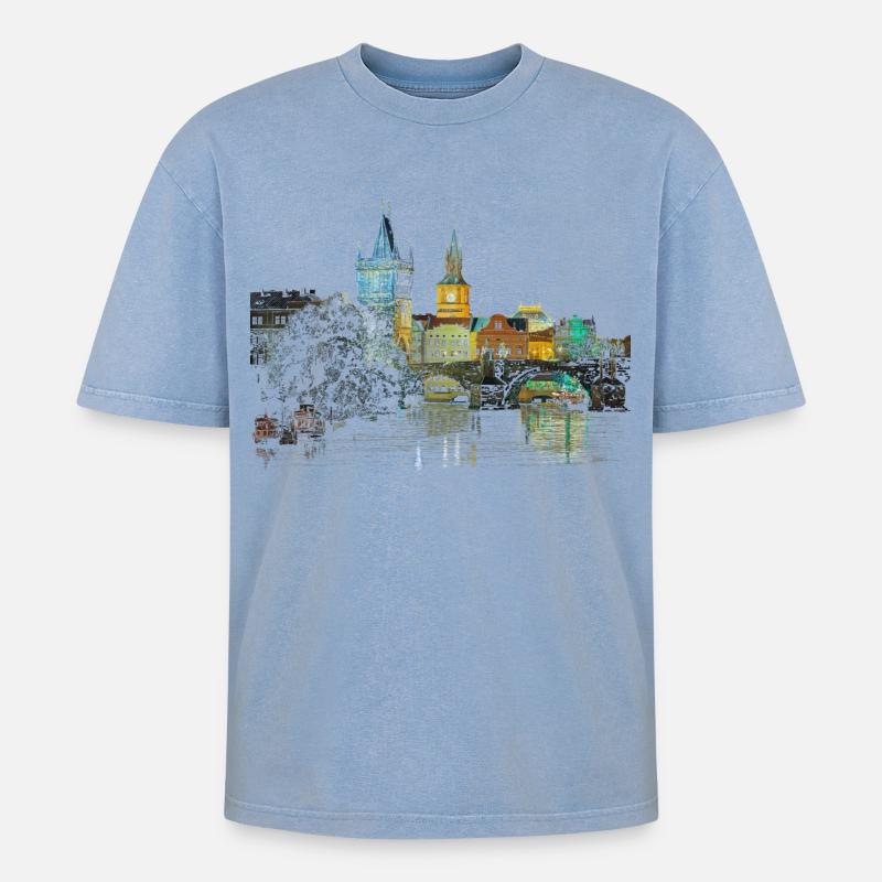 Prag - Oversized Unisex Premium Acid-Washed T-Shirt - Blau Acid Wash