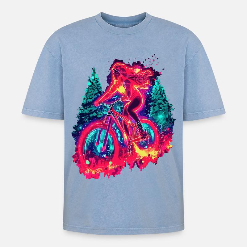 Synthwave Mountainbike Mädchen Waldfahrt - Oversized Unisex Premium Acid-Washed T-Shirt - Blau Acid Wash