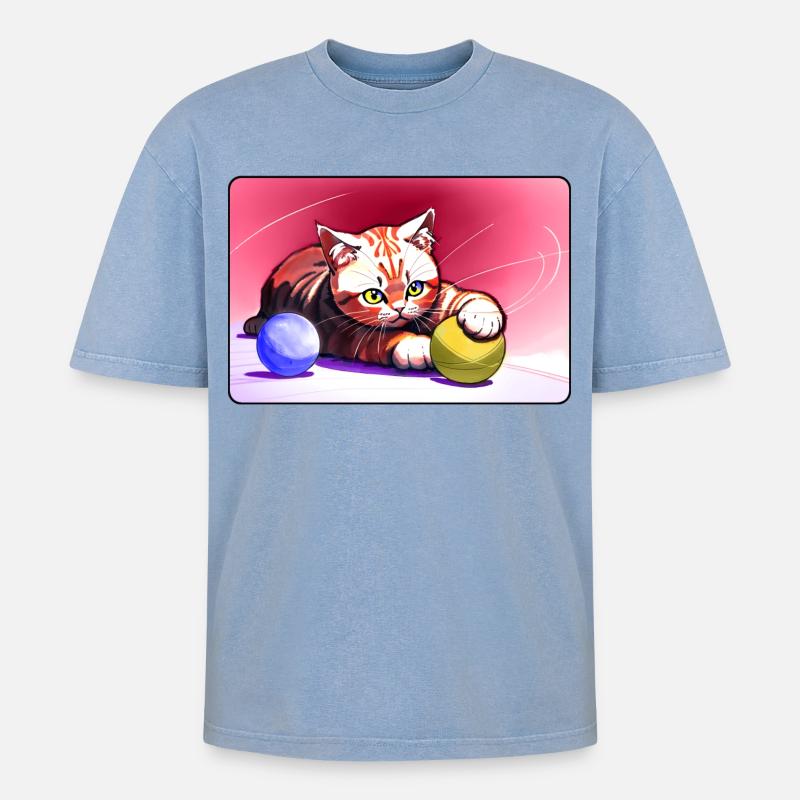 Rotgestreiftes Tigerkätzchen - Oversized Unisex Premium Acid-Washed T-Shirt - Blau Acid Wash