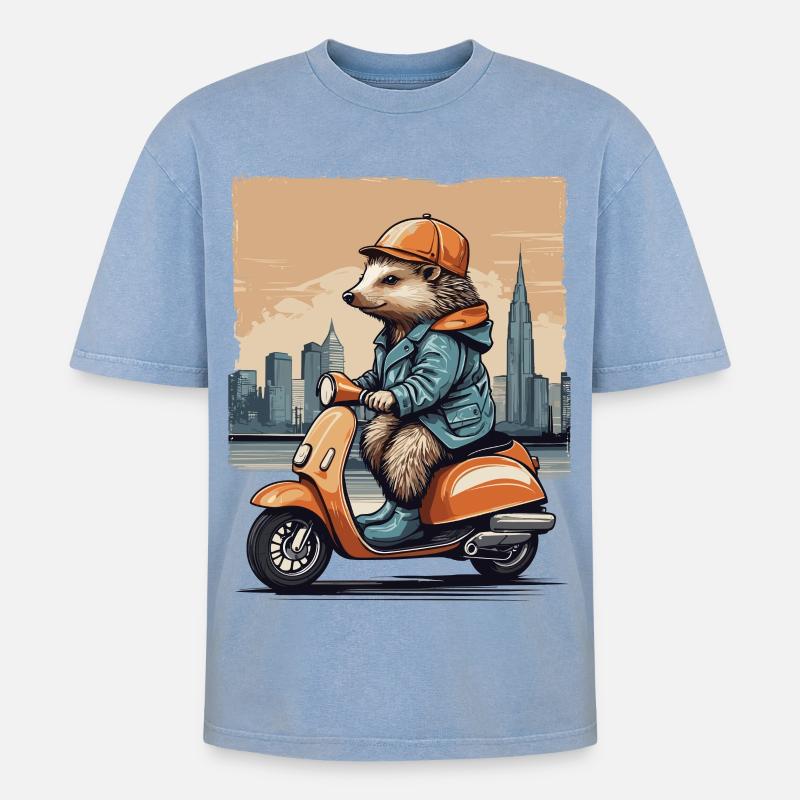Süßer Igel auf Motorroller - Oversized Unisex Premium Acid-Washed T-Shirt - Blau Acid Wash