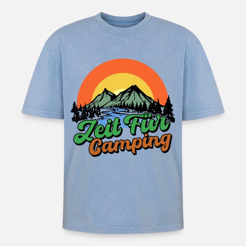 Campingplatz Camping Statement Berge Camper - Oversized Unisex Premium Acid-Washed T-Shirt - Blau Acid Wash