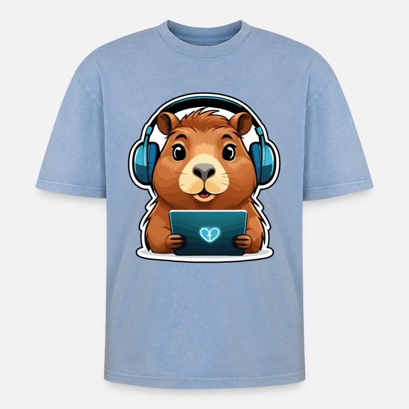 Capybara with computer - Oversized Unisex Premium Acid-Washed T-Shirt - acid washed blue