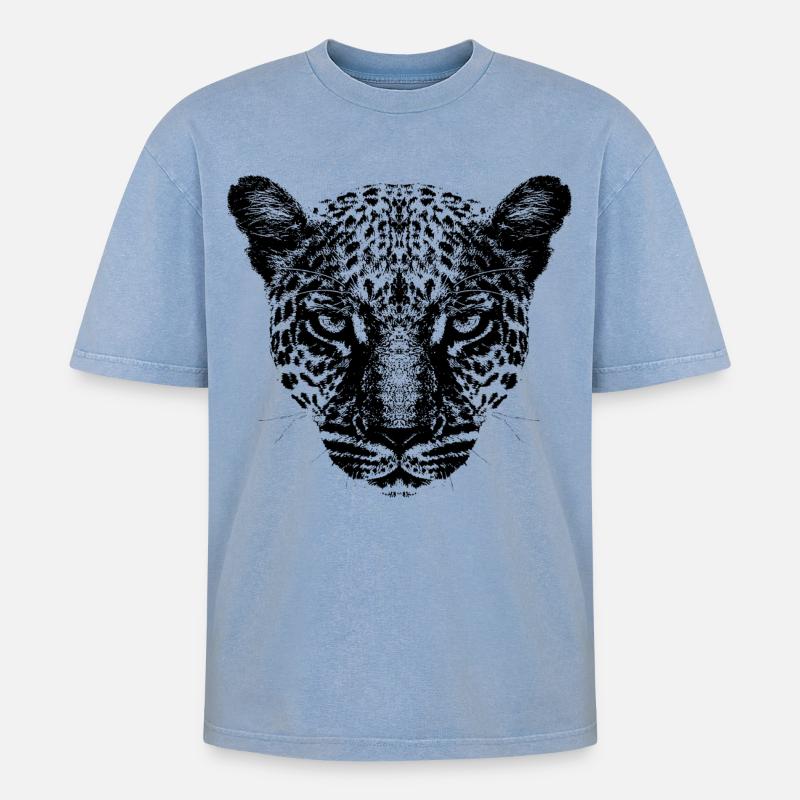 Leopard / Kopf / Schwarz - Oversized Unisex Premium Acid-Washed T-Shirt - Blau Acid Wash