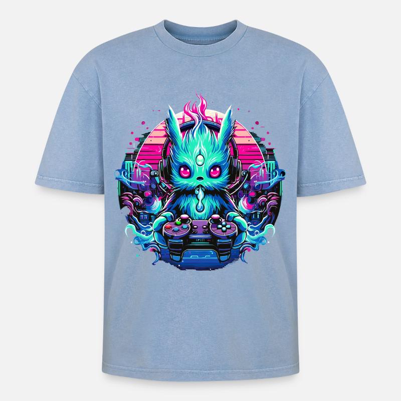 Synthwave Zocker Gaming Alien - Oversized Unisex Premium Acid-Washed T-Shirt - Blau Acid Wash