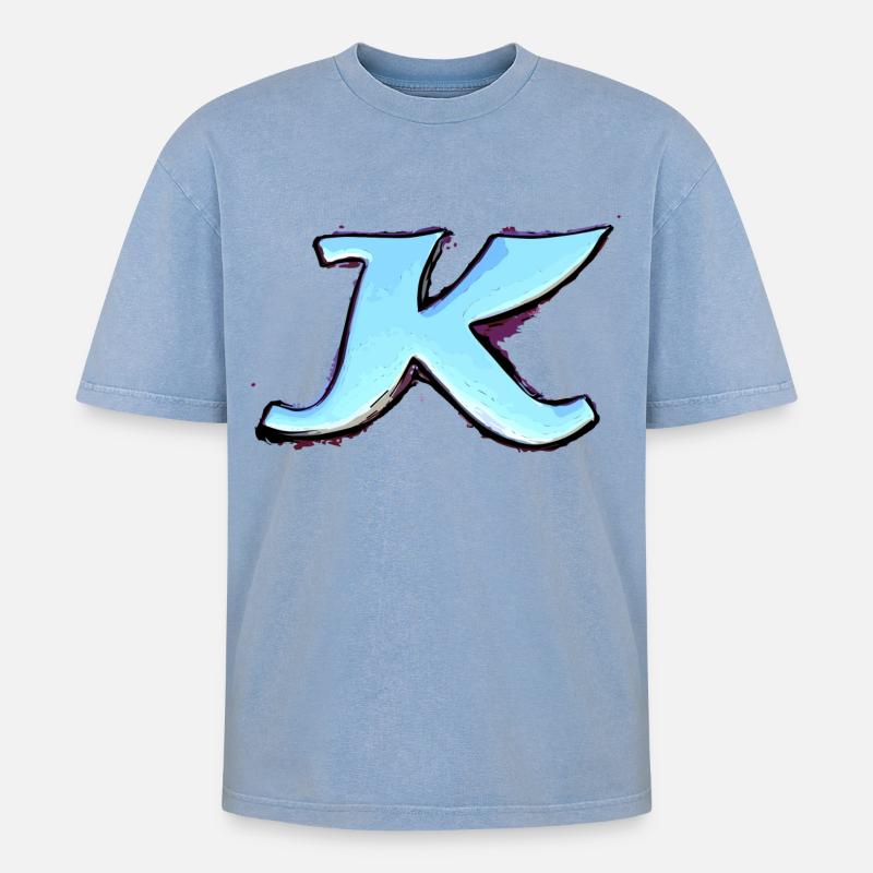 Buchstabe K - Oversized Unisex Premium Acid-Washed T-Shirt - Blau Acid Wash