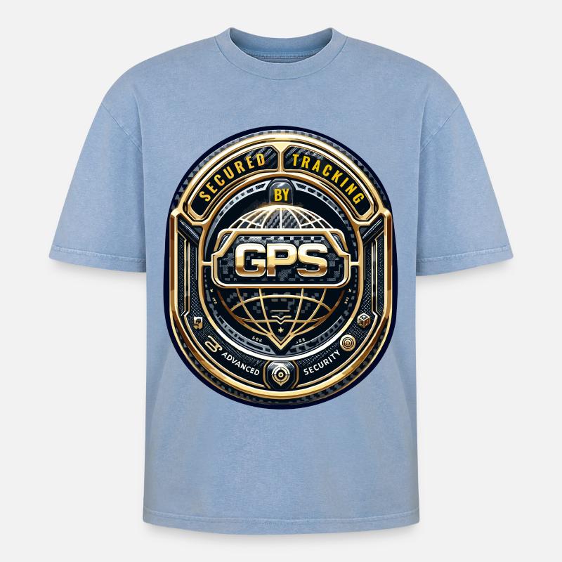 GPS-Tracking Warnaufkleber - Oversized Unisex Premium Acid-Washed T-Shirt - Blau Acid Wash