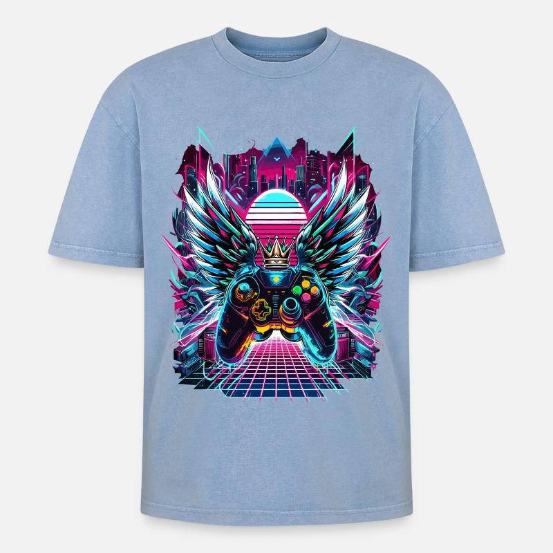 Synthwave Sunset Gamer Controller - Oversized Unisex Premium Acid-Washed T-Shirt - Blau Acid Wash