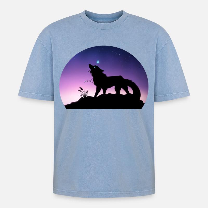Die Reise eines Sternenwolfs - Silouhette Nocturne - Oversized Unisex Premium Acid-Washed T-Shirt - Blau Acid Wash