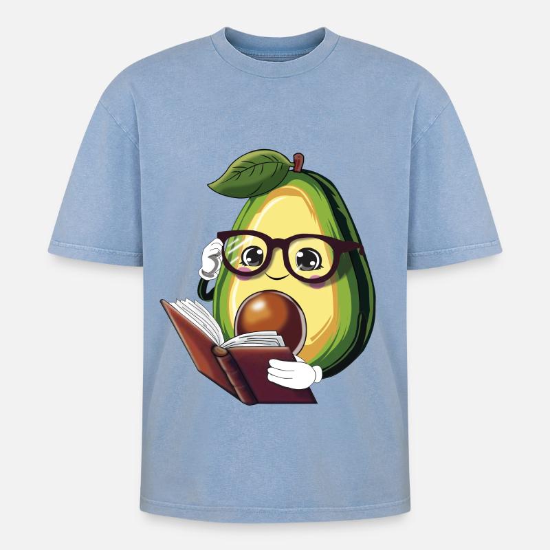 Avocado liest ein Buch – Bücherwurm - Oversized Unisex Premium Acid-Washed T-Shirt - Blau Acid Wash