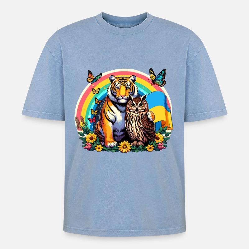Tiger Eule Regenbogen - Oversized Unisex Premium Acid-Washed T-Shirt - Blau Acid Wash